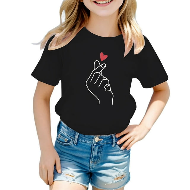 LUOGENLI T-Shirt pour Filles Enfant Filles Mignon Graphique Col Rond Manche Courte Tee Été Décontracté T-Shirt Chandails pour Filles Tendance Été Mini Noir 9-10 Ans