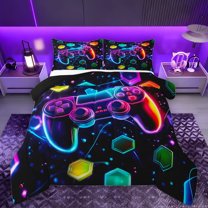 Manfei Colorful Gamepad Full Size Comforter Sets,Game Console Bedding Comforter Set,Multicolor Geometric Hexagon Bedding Sets For Men Women,Breathable Home Decor Reversible,3 Pieces