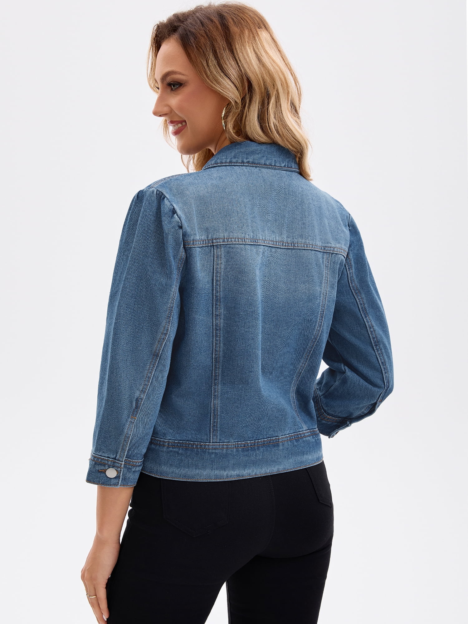 DARING DIVA Women's Cropped 3/4 Sleeve Button Down Washed Denim Jacket 2XL Dark Blue