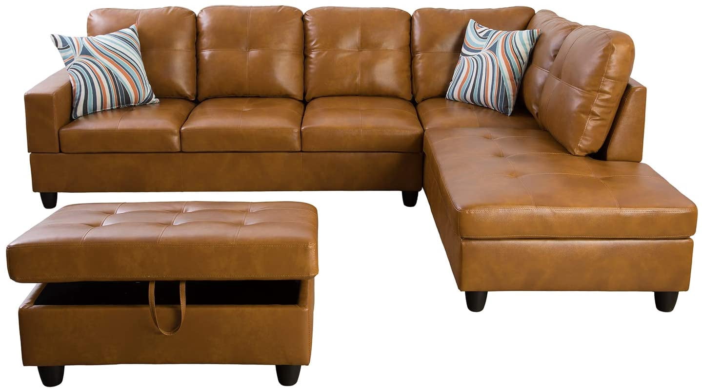 Beverly Fine Furniture Furniture Sectional Sofa Set, Living Room Sofa Set, Leather L Shape Sofa(Right Hand Facing,Ginger)