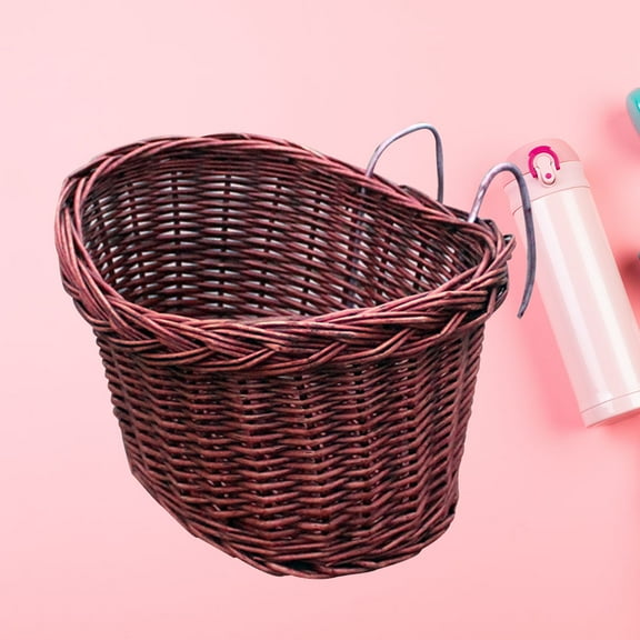 HEMOTON Detachable Front Handlebar Basket Handmade Natural Rattan Bike Storage Basket(Brown)