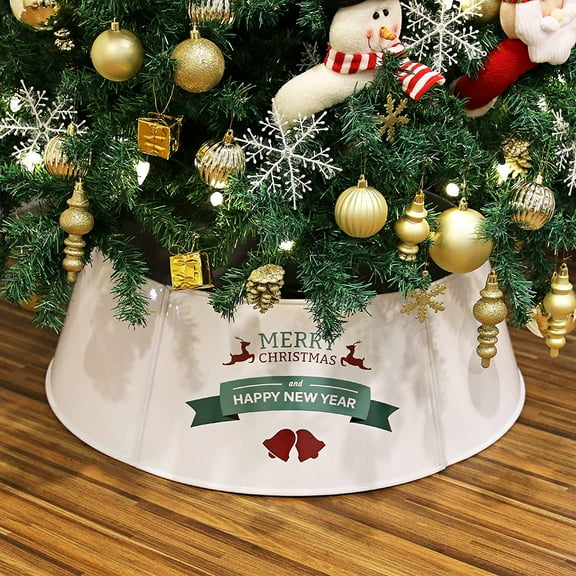 Bibana Metal Christmas Tree Collar Christmas Tree Ring 29 Inch Diameter Base Durable Galvanized Metal Christmas Tree Skirt for Christmas Tree Decor (White)