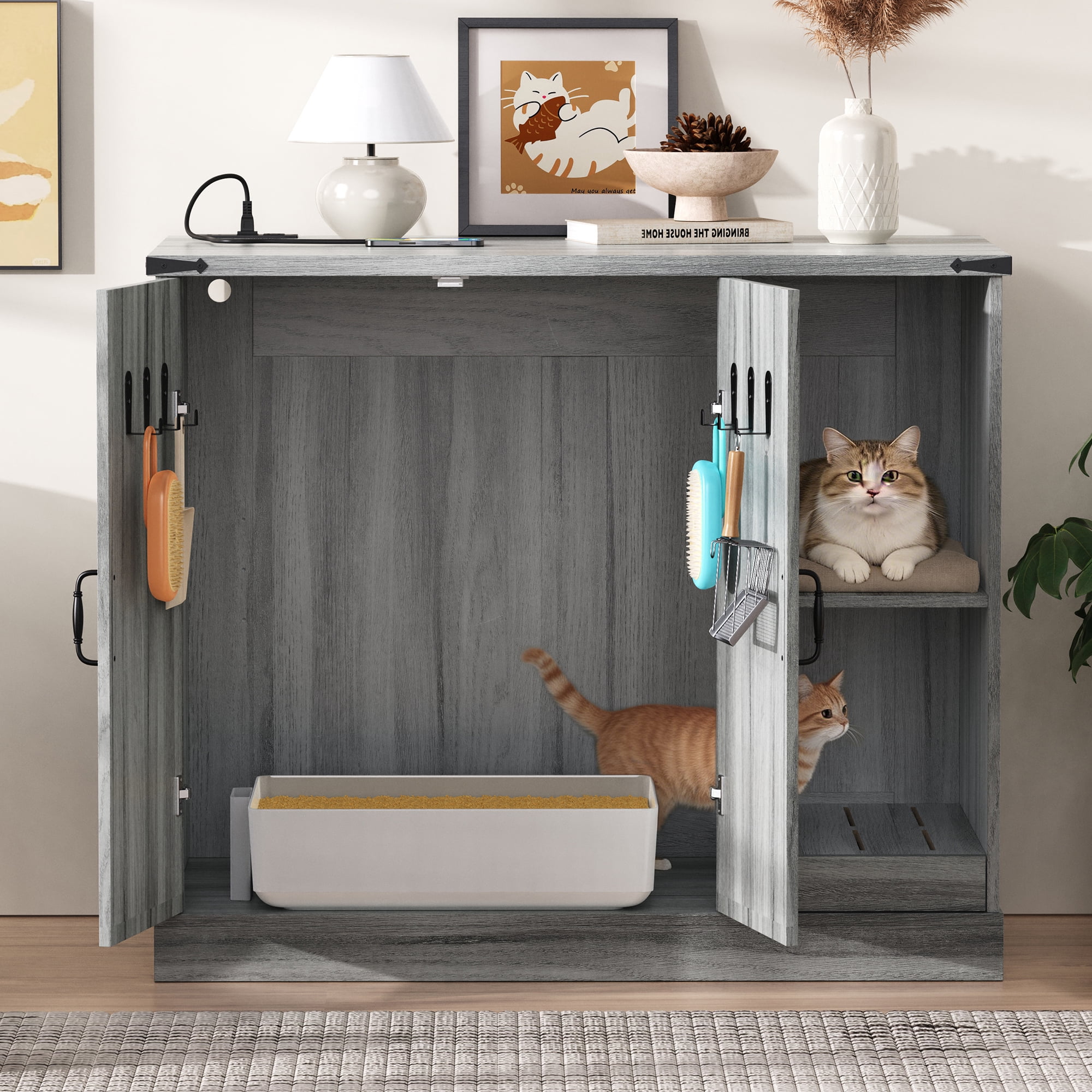 Daheat Cat Litter Box Cabinet with Power Outlet, Modern Litter Box Furniture for Large Automatic Litter Boxes, Hidden Litter Box Enclosure with Litter Catcher, Adjustable Storage Shelves, Gray