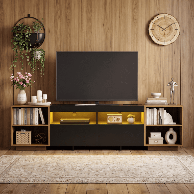 Lacoo 70 Inch TV Stand with LED Lights and Charging Station, Entertainment Center for 43-75 Inch TVs, Media Console with 2 Drawers, Adjustable Shelves and Modular Storage, Black and Brown