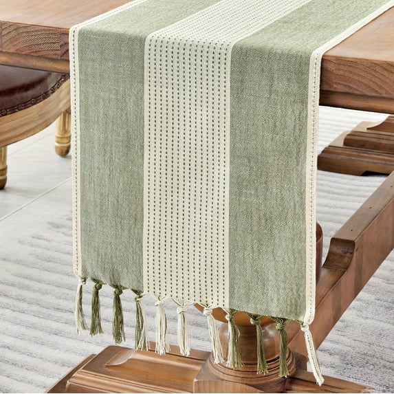 Wracra Cotton Linen Macrame Table Runner, Sage Green, 13"×60"