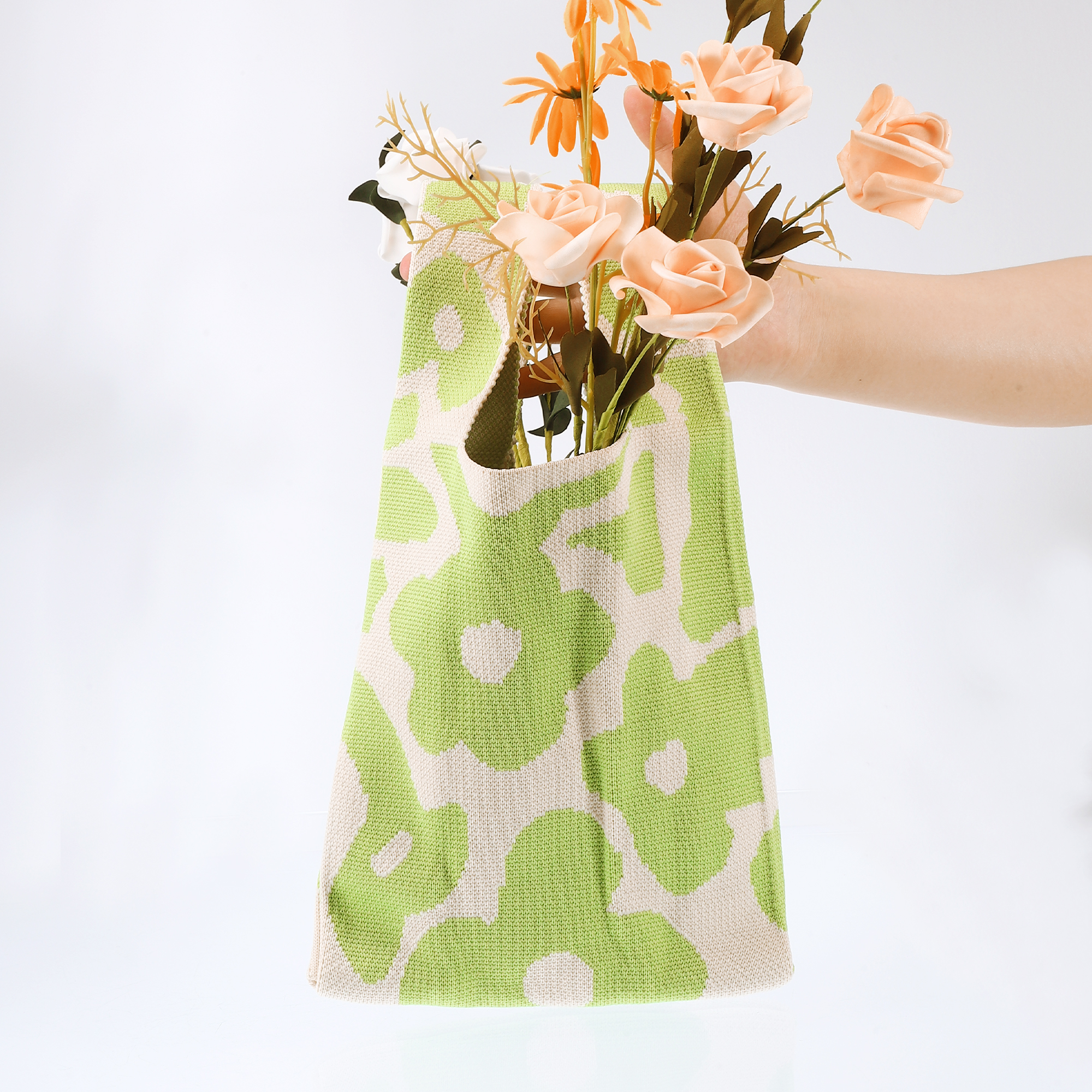 Unique Bargains Reusable Mesh Net Grocery Tote Bags Flowers Green Beige 14.17"x7.87"