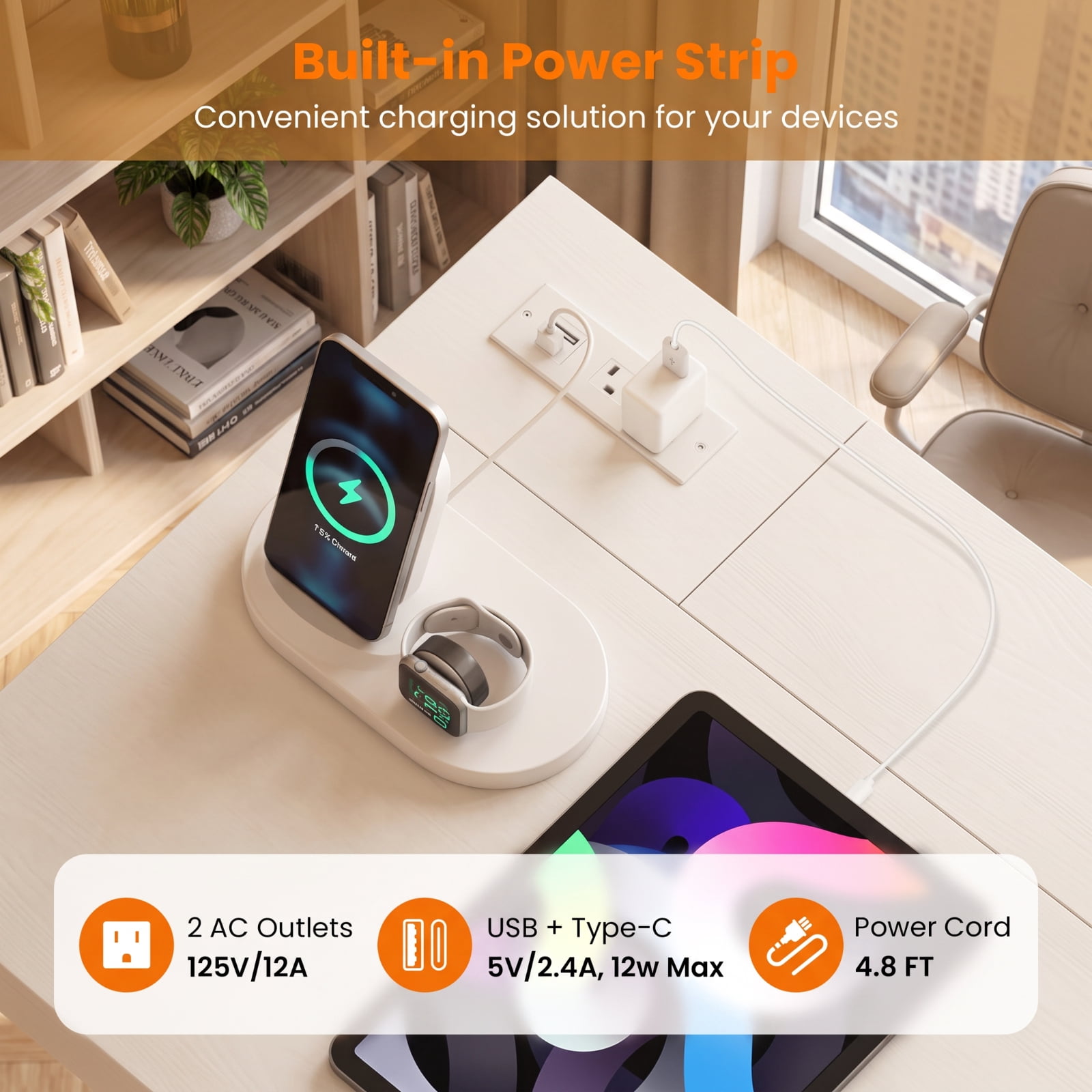 Furnibear Office Desk with Power Outlet and Drawers, Writing Desk with Hidden Storage Compartment and Charging Station for Study, White and Gold