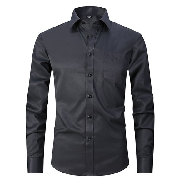 SWSMCLT Men's Summer Slim Fit Long Sleeve Button Down Shirt Solid Point Colar Fall Top Formal Lightweight Button Up Shirt Black 14.5