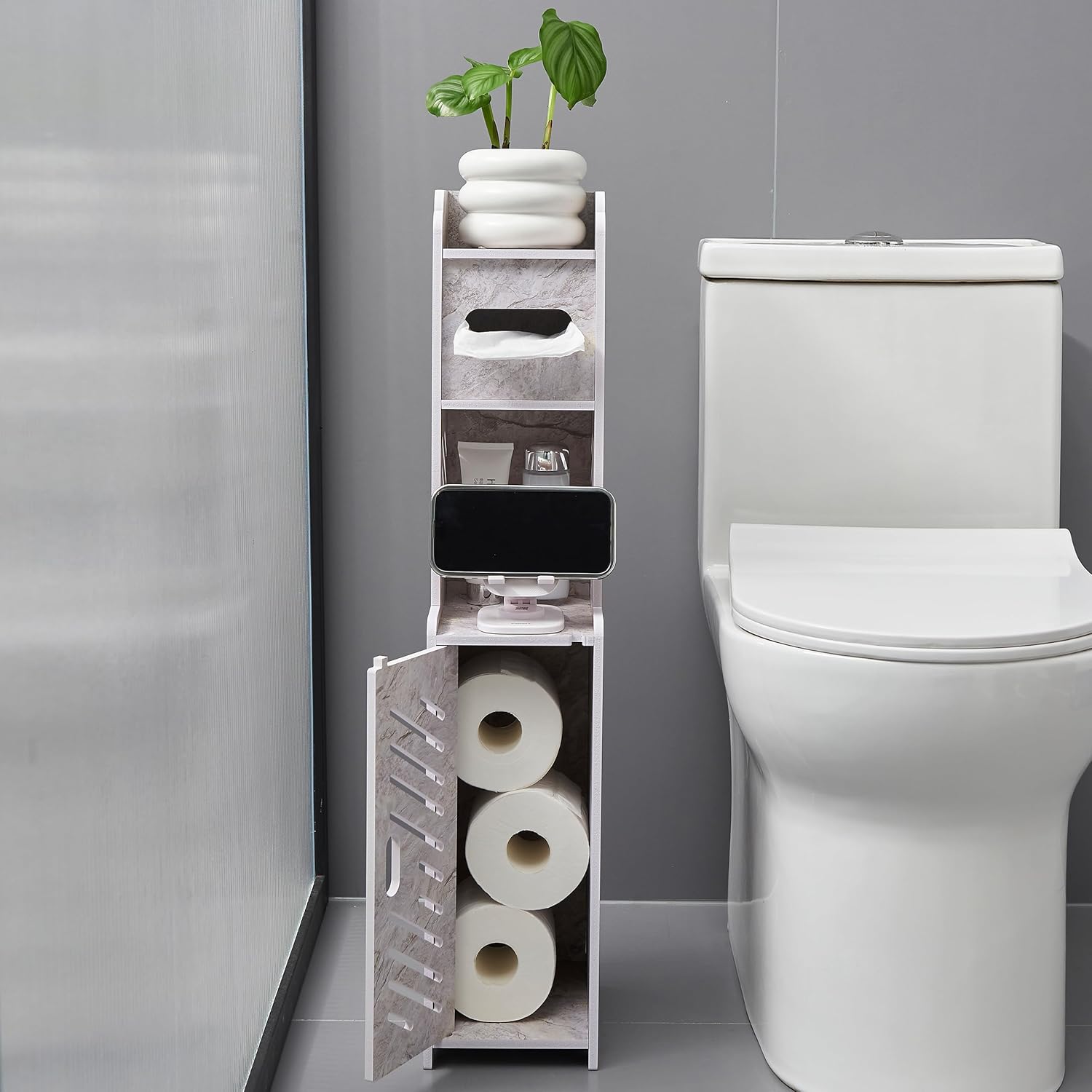 Small Bathroom Storage Cabinet, Behind Toilet Bathroom Organizer, Narrow Toilet Paper Cabinet for Restroom (Marble White)