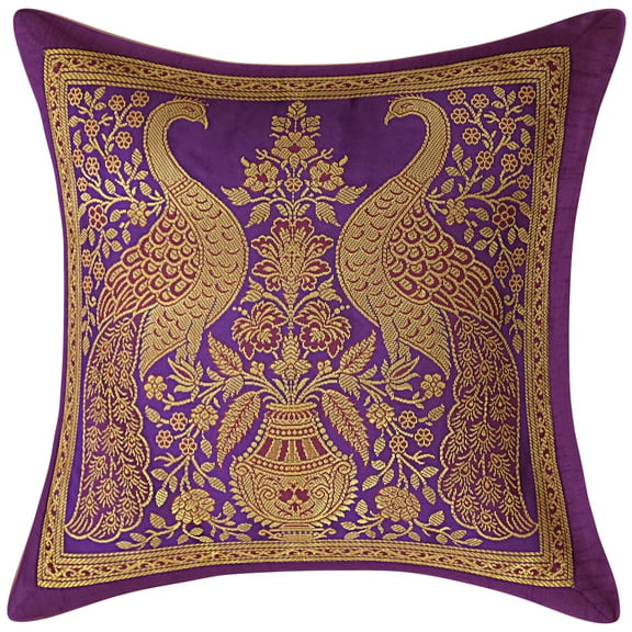 Stylo Culture Indian Christmas Purple And Gold Boho Throw Pillow Covers Peacock Floral 12x12 Jacquard Weave Banarasi Decorative Sofa Throw Pillow Covers Brocade 30x30 cm Cushion Covers (1 Pc)