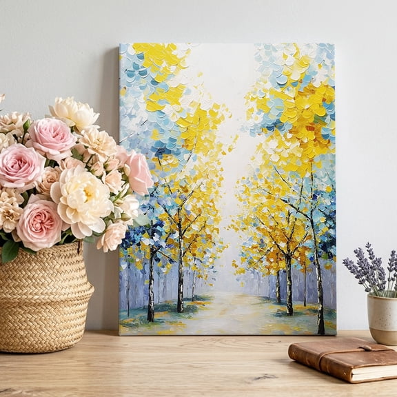 Birch Trees Path Canvas Wall Art, Nature Leaves Forest Landscape Pictures Wall Decor Wooden Framed Artwork Art Prints for Living Room Hallway Bedroom Office 11"x14"