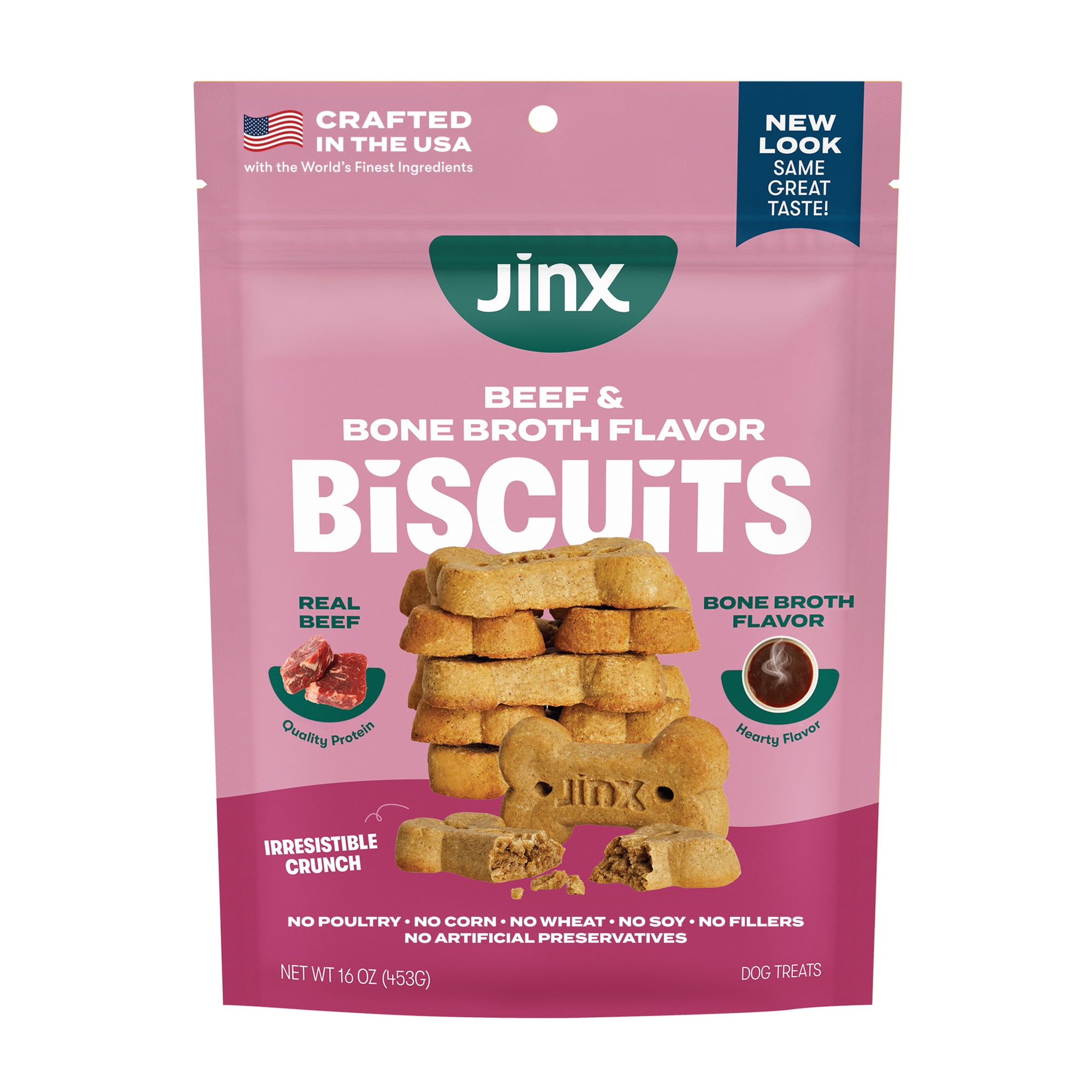 (6 pack) Jinx Beef Bone Broth Biscuits, Crunchy Dry Dog Treats, 16 oz Bag