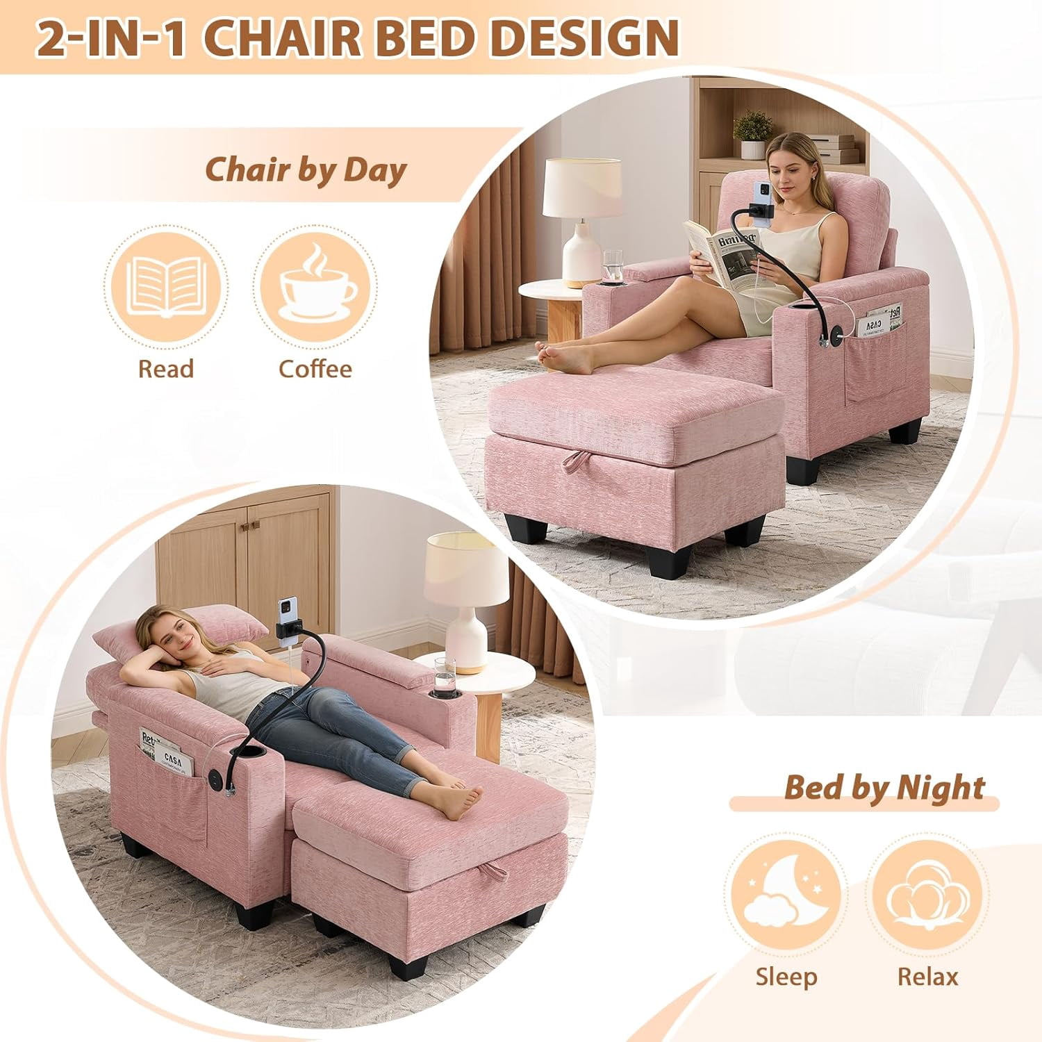 MOONMISS Oversized Chaise Lounge Chair Indoor, Single Convertible Recliner Reading Arm Sofa Chair W/Adjustable Backrest & Charging Port Couch Bed for Living Room, Home Theater & Bedroom,Pink