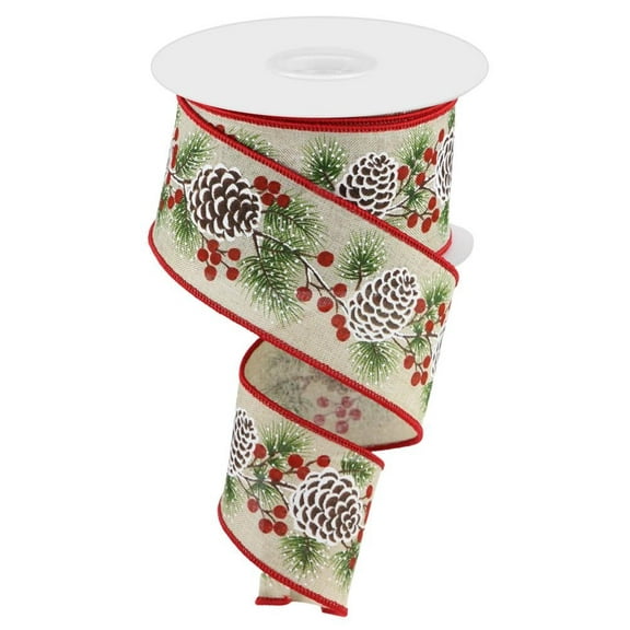 Wreath Decor Wired Christmas Ribbon - 2 1/2" x 10 Yards, Holly Pine Cones & Mistletoe