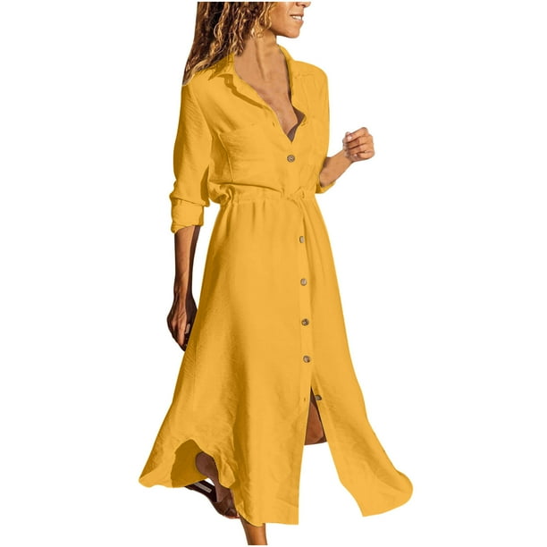 Vestidos Para Mujer Vestidos Casuales Color Sólido Solapa de Un Solo Pecho Vestido Camisero Con Cordón Vestido de Lino de Algodón Odeerbi ODB133503