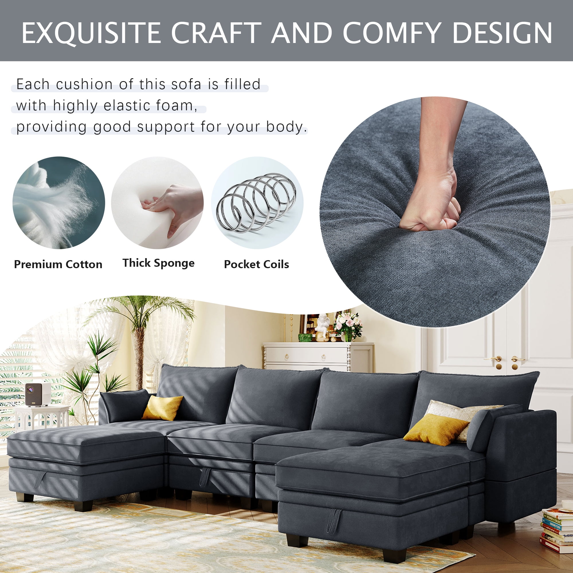 YYAo Modern Large U-Shape Modular Sectional Sofa, Reversible Sofa Bed with Storage Seat for Living Room, Dark Gray YYAo Modern Large U-Shape Modular Sectional Sofa, Reversible Sofa Bed with Storage Seat for Living Room, Dark Gray