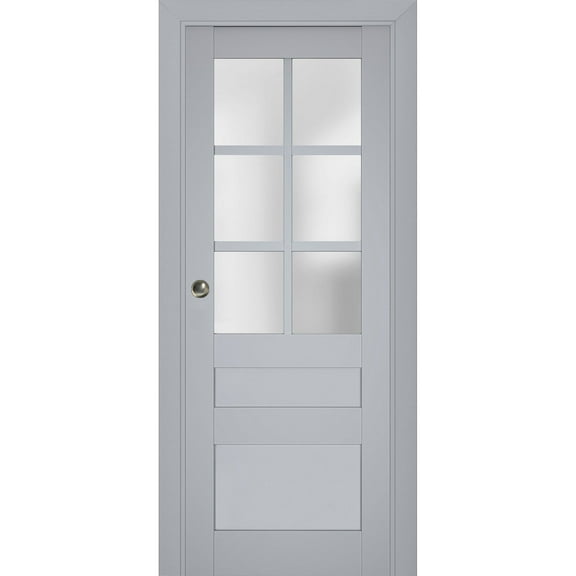 Sliding French Pocket Door with Frosted Glass | Veregio 7339 Matte Grey | Kit Trims Rail Hardware | Solid Wood Interior Bedroom Sturdy Doors-36" x 84"