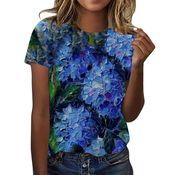 T Shirts for Women Tops Summer Casual Blouses Short Sleeve 3D Floral Printed Round Neck Pullover Loose T Shirts Dressy Basic Tees 2025