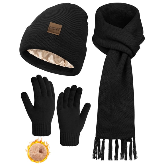 KOITHOT 3 Pcs Winter Satin Silk Lined Beanie Hat Long Knit Scarf Touchscreen Wool Gloves Set for Women Men Black