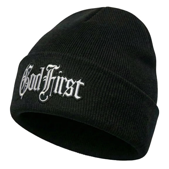 Black Knit Beanie for Men and Women – Cuffed Ribbed Winter Hat with God First Faith Design