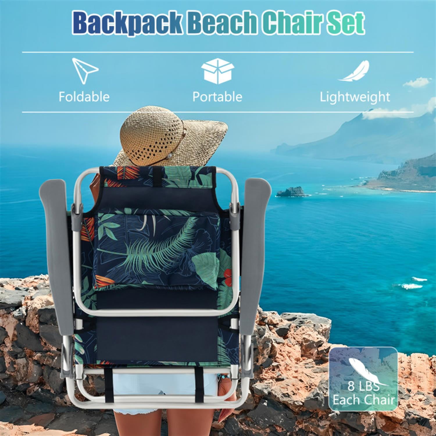 Demi Bonn 2 Pieces Folding Backpack Beach Chair with Pillow, Patio Accent Furniture Lounge Chairs for Yard, Garden, Multicolor