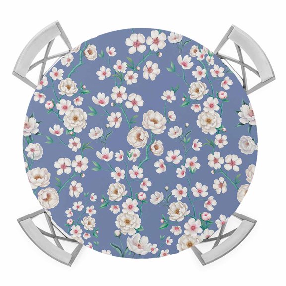 Elastic Fitted Round Tablecloth, Watercolor Floral Waterproof Stretch Table Cover for 55"-60" Tables, Spring Flower Leaves Botanical Blue Washable Outdoor Tablecloths for Patio, Picnic, Camping