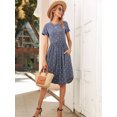 thumbnail image 3 of CALIPESSA Womens Summer Polka Dot Tunic Ruffle Knee Dress Casual Loose Swing Flowy Blue Short Sleeve Curved Hem Midi Dresses With Pocket, 3 of 5