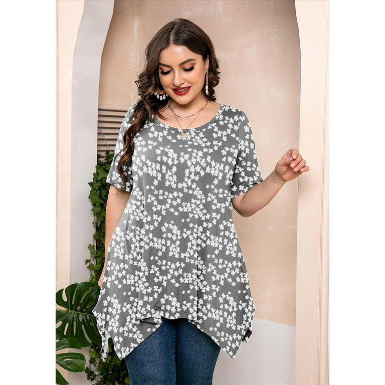 SHOWMALL Plus Size Tunic Tops for Women Clothes Short Sleeve Grey Sakura 5X  Summer Blouse Swing Tee Crewneck Clothing Flowy Shirt for Leggings 