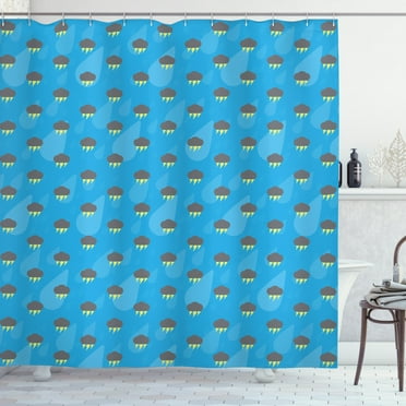 Rain Shower Curtain, Pattern with Dark Storm Clouds Thunderbolt and Raindrops on Blue Background, Fabric Bathroom Set with Hooks, 69W X 70L Inches, Blue Grey and Yellow, by Ambesonne