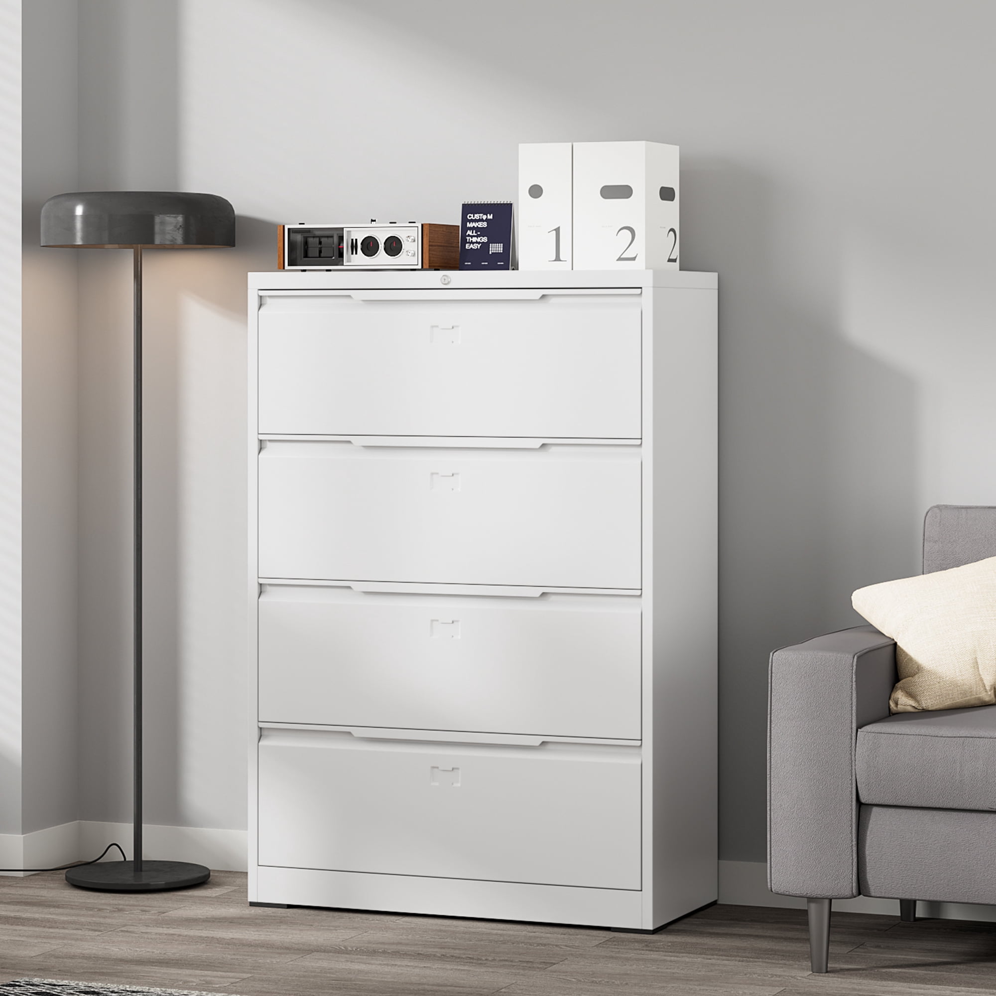 Coolsun Metal Lateral File Cabinet, 4 Drawer File Cabinet with Lock, Wide Filing Cabinet for Home Office, Locking Storage Cabinet for Hanging A4/F4/Letter/Legal, Assembly Required (White, 4 Drawer)