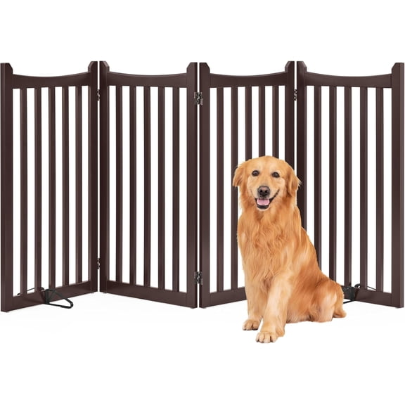 GetRich 36" H Extra Tall Freestanding Pet Gate 4-Panel Wooden Dog Fence with 2 Support Feet Folding Dog Gate for Indoor, Stairs, Doorway, Halls, Kitchen Wooden Pet Barrier Espresso, 79.5" L x 36" H