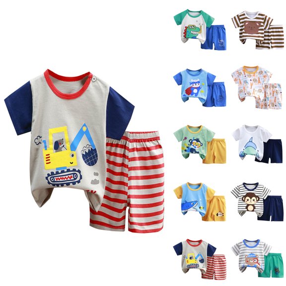 Asxite Toddler Summer Outfits Striped Print Short Sleeve Crew Neck Top and Shorts Set 3-72M