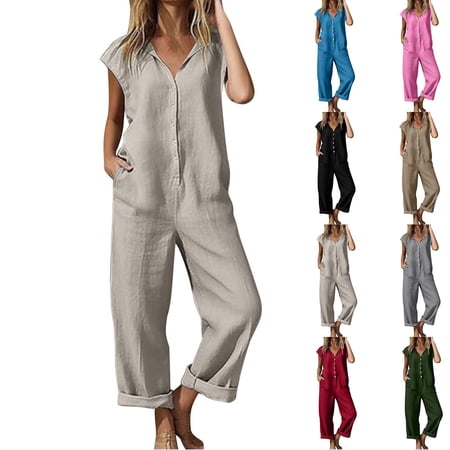 Oksale Summer Jumpsuits for Women Casual Breathable Linen One Piece Jumpsuit with Pockets Cozy Short Sleeve Rompers with Pockets Gray 2XL