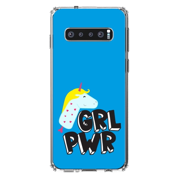 DistinctInk Clear Shockproof Hybrid Case for Samsung Galaxy S10  PLUS(6.4" Screen) - TPU Bumper, Acrylic Back, Tempered Glass Screen Protector - Girl Power - GRL PWR - Unicorn Blue Background