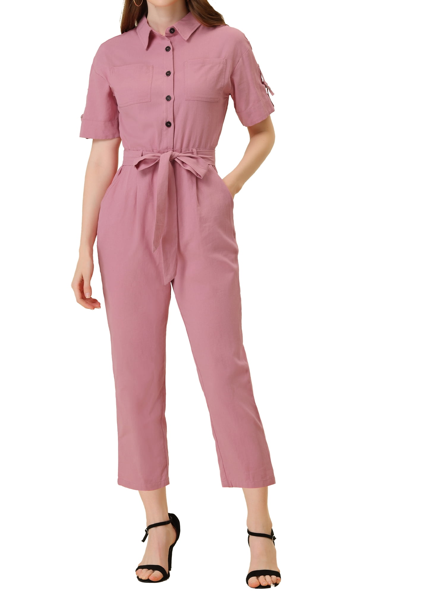 DARING DIVA Women's Button Up Tie Waist Jumpsuit with Pockets XL Pink