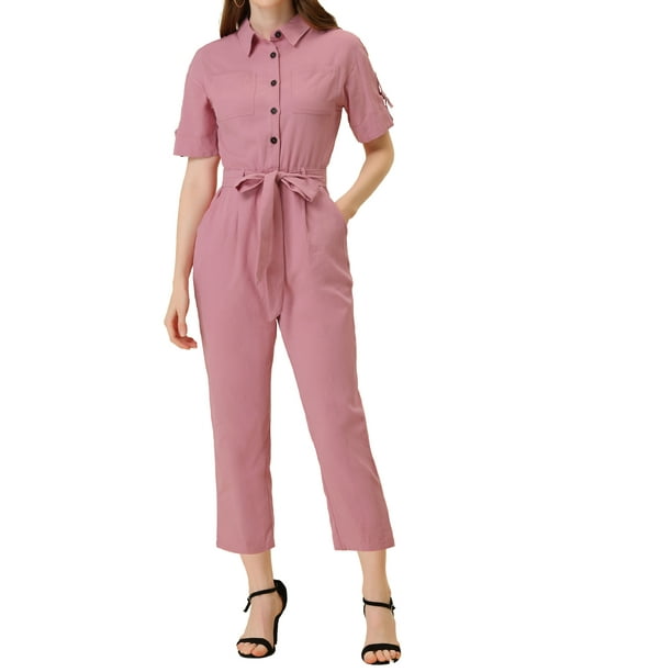 INSPIRE CHIC Mono de Mujer con Mangas Cortas, Cuello, Cierre de Botones, Cintura con Cinturón de Algodón, Cargo, Talla S, Rosa