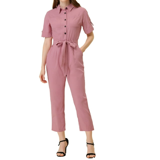 Unique Bargains Combinaison Pantalon pour Femme à Col Rabattu, Boutonnée, Taille à Nouer, Coton, Taille P