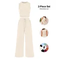 thumbnail image 5 of Womens Ribbed Knit Two Piece Lounge Set Sleeveless Crew Neck Crop Top and Wide Leg Pants Matching Outfit, 5 of 9