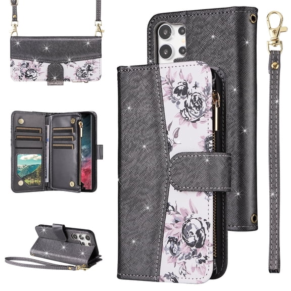 Furiet for Samsung Galaxy S23 Ultra 5G Floral Wallet Case with Flip Zipper Purse Wrist Strap Shoulder Strap, PU Leather Card Holder Stand Phone Cover for S23Ultra 23S S 23 23Ultra 6.8 inch Black