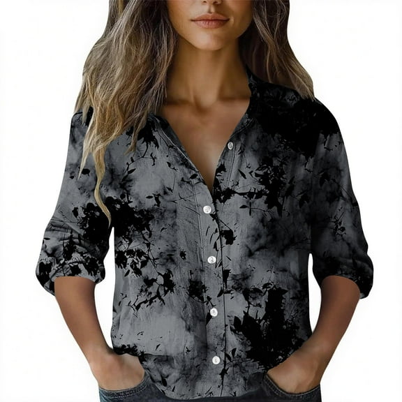 Craaazy Womens Shirts Vintage Floral Print Button Collar Blouses Loose Fit Colorful Print Womens Tops Gifts for Women