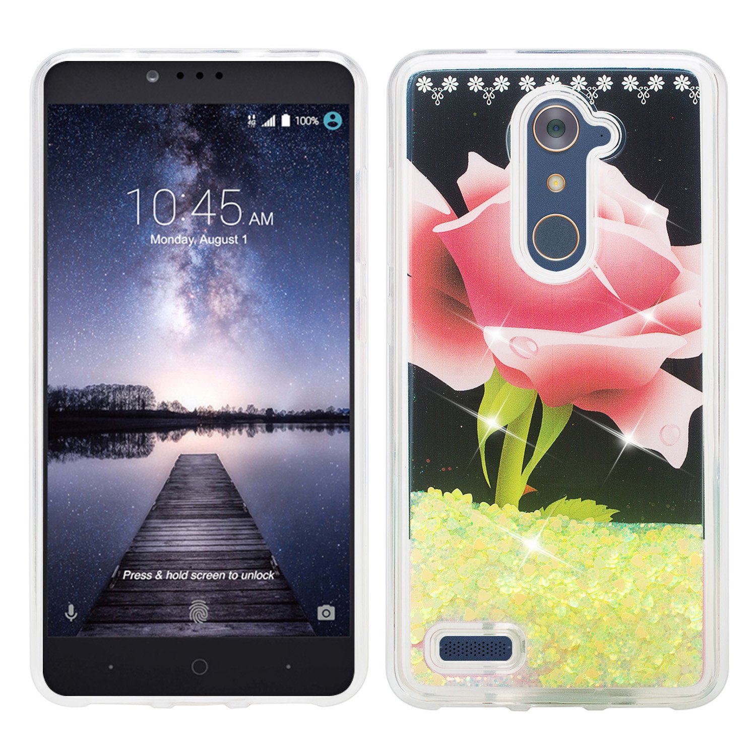 ZTE Zmax Pro Case, Luxury Bling Liquid Glitter Case, Sparkle Quicksand Cover Hot Pink Rose
