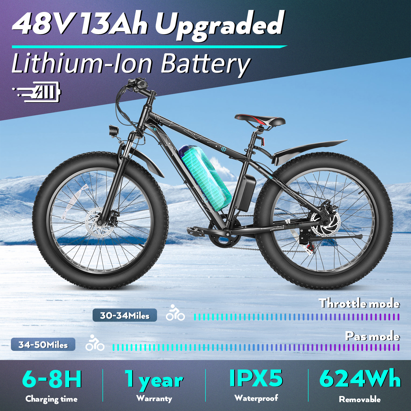 Gocio 26" 4.0 Fat Tire Electric Bike for Adults, 500W Adults E Bike, 48V 13Ah Removable Li-Ion Battery, Professional 7-Speed, Electric Mountain Bicycle Beach Bike Snow Bike Ebike for Men, UL2849 - image 4 of 11