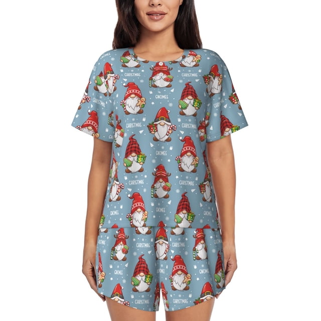 Fotbe Snowflake Christmas gnome Conjunto de Pijama Estampado para Mujer, 2 Piezas, Ropa de Dormir con Camiseta de Manga Corta y Shorts Suaves-Medium