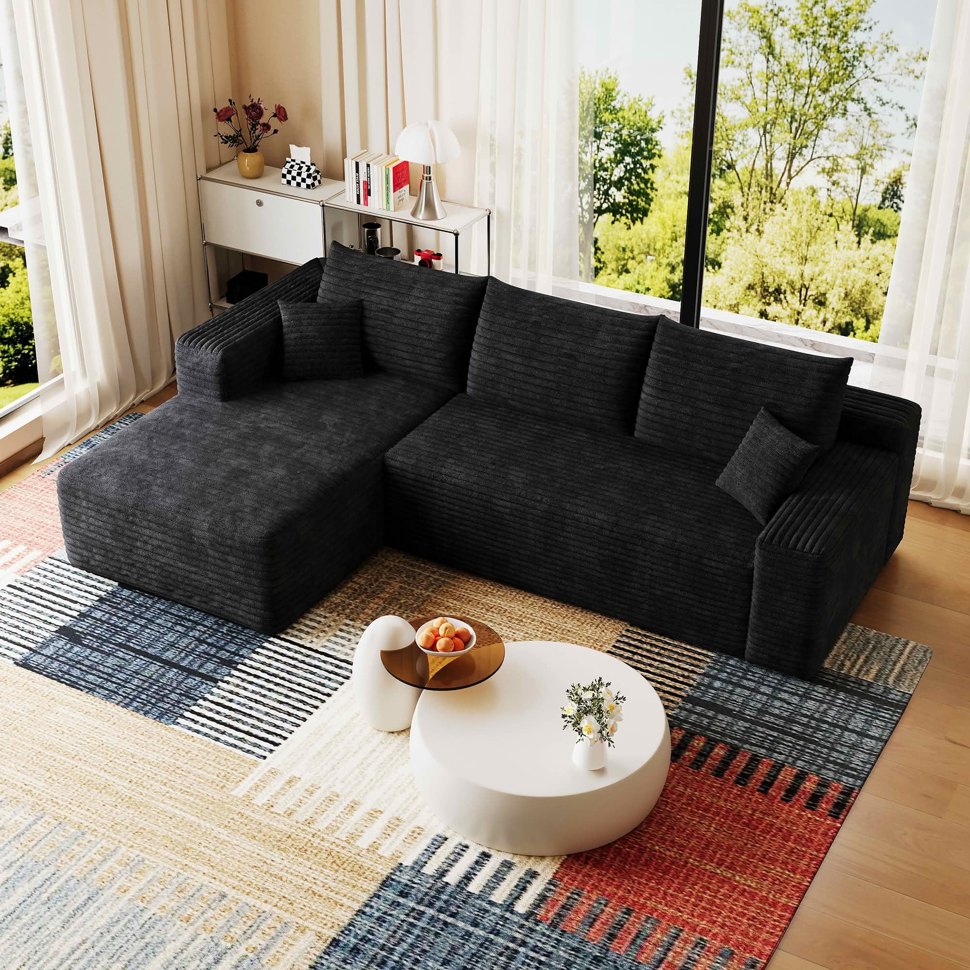 MAYEERTY 95 Inch L‑Shaped Cloud Sectional Sofa, Modern Minimalist Deep‑Seat Corner Couch, Plush Corduroy Upholstered Reversible Sofa, No‑Assembly Required for Living Room Bedroom Apartment