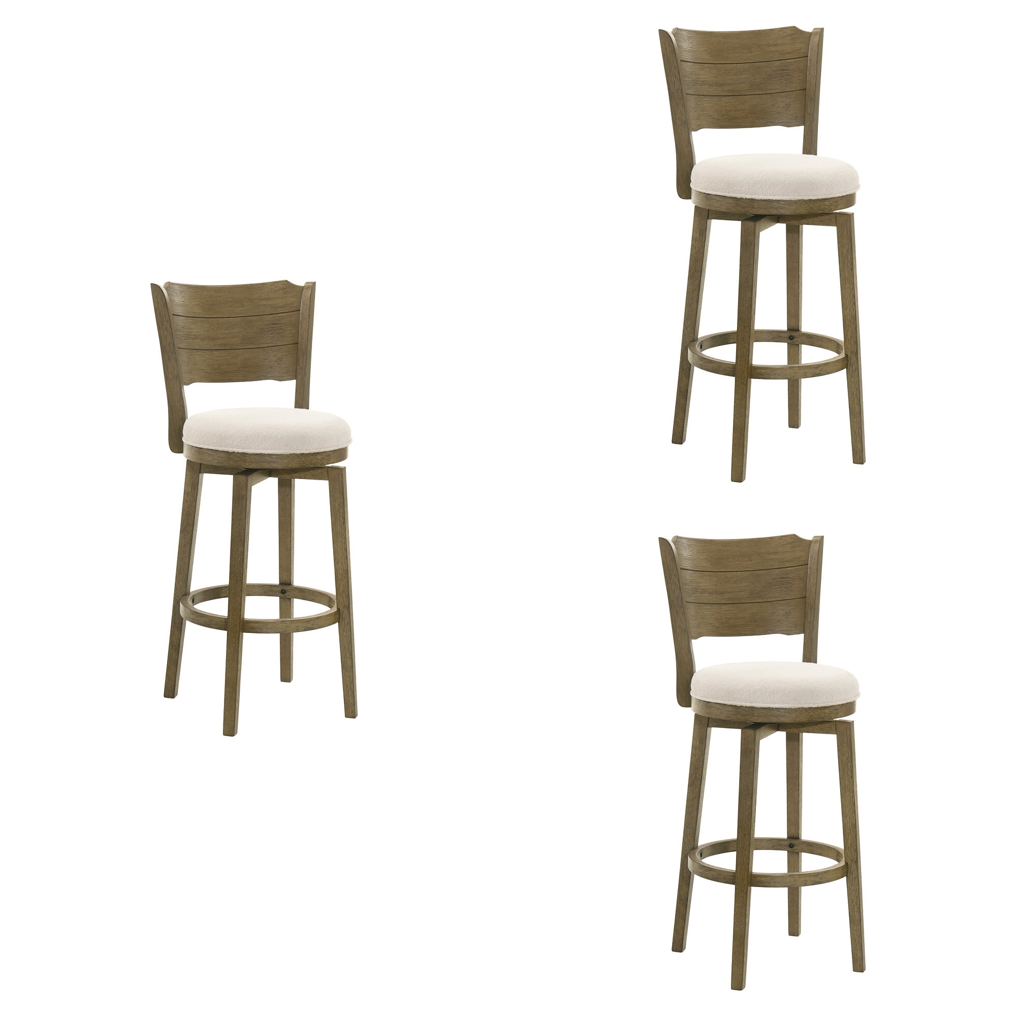 Winsley Coastal Modern Swivel Wood Bar Height Kitchen Bar Stool in Putty Brown Finish with White Boucle Fabric Upholstered Seat - Set of 3