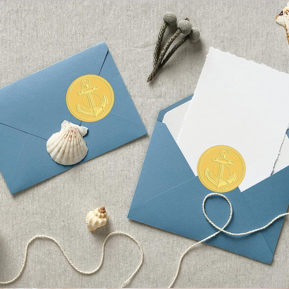 2" Anchor Stickers Gold Envelope Seals Sea Summer Beach Ocean Embossed 100pcs Foil Seals Self Adhesive Stickers Label for Wedding Invitations Packaging DIY