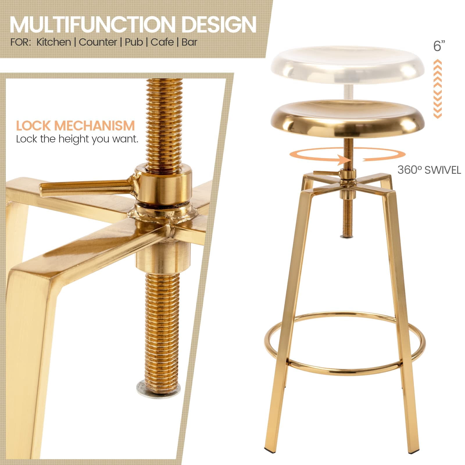 Modern Metal Bar Stools Set of 2, Backless Round Counter Height Swivel Bar Stools for Kitchen Island Dining Pub Cafe (Gold)