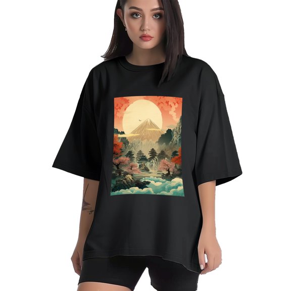 Plus Size Shirt for Women Black Tops for Women Short Sleeves Shirt for Women Chinese Landscape5 T Shirt Crewneck Shirt for Women XS