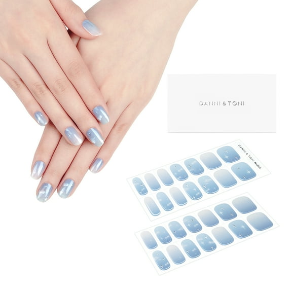 DANNI & TONI Semi Cured Gel Nail Strips Sky Blue Ombre (Midsummer Sky) Clouds Gel Nail Stickers Summer 28 Stickers
