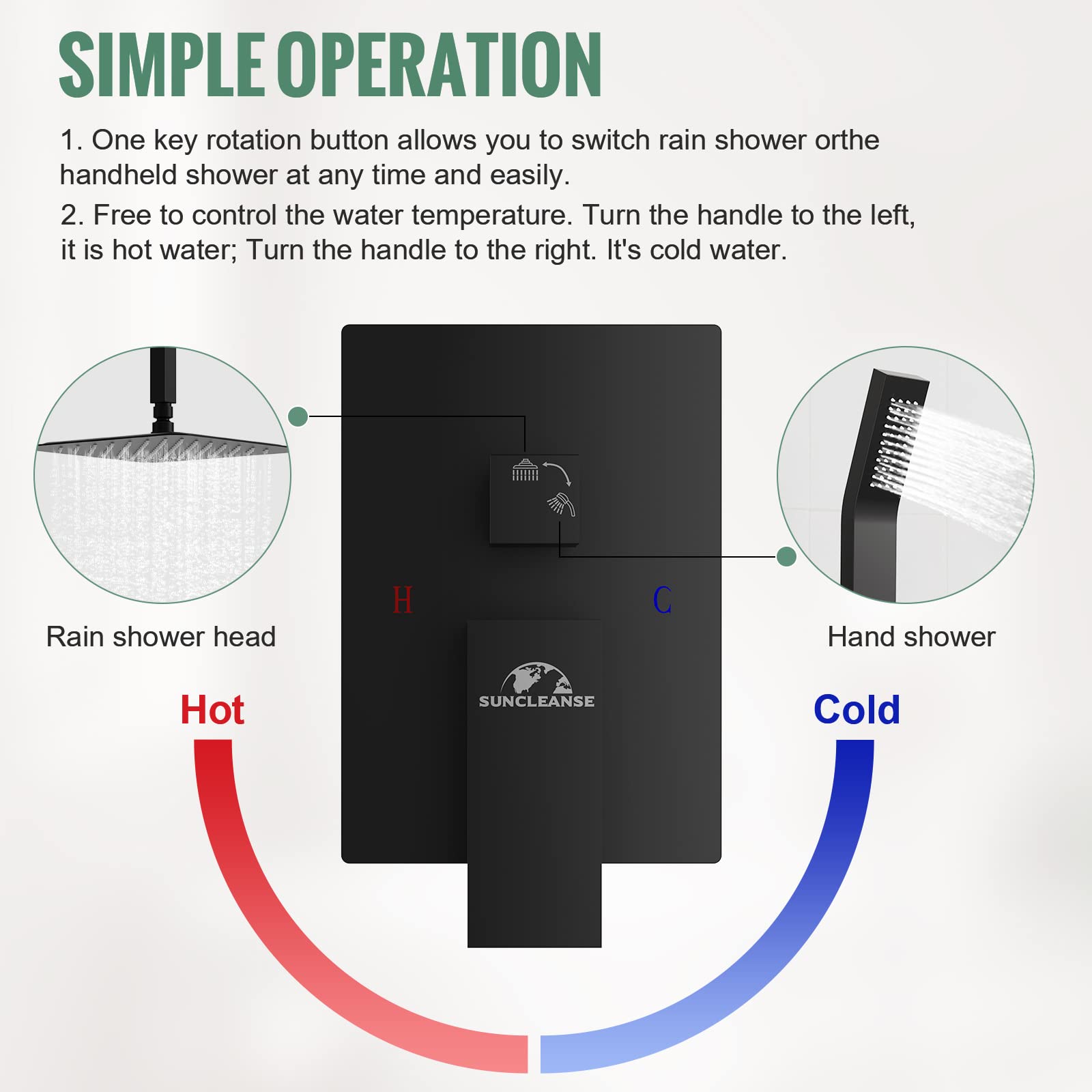 SunCleanse 12 Inches Rainfall Shower System Matte Black Ceiling Mounted Shower System Combo Set with High Pressure Square Rain Shower Head Handheld and Shower Faucet Rough-in Mixer Valve and Trim